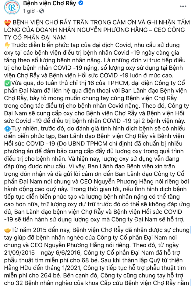 Đây là thông tin mới được Bệnh viện Chợ Rẫy đăng tải trên Fanpage chính thức.