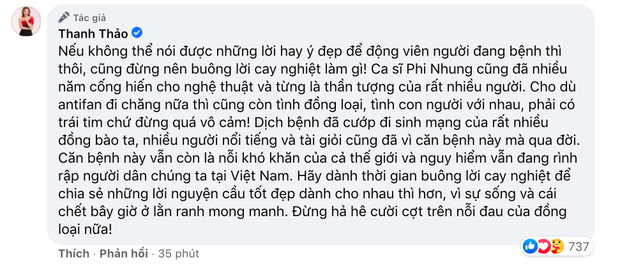 Thanh Thảo bức xúc khi antifan Phi Nhung vô cảm, buông lời cay nghiệt trong lúc nữ ca sĩ đang lâm bệnh nặng