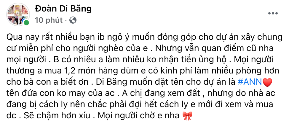 Di Băng cho biết cô không nhận tiền ủng hộ từ mọi người trong dự án từ thiện lần này. (Ảnh: Chụp màn hình)