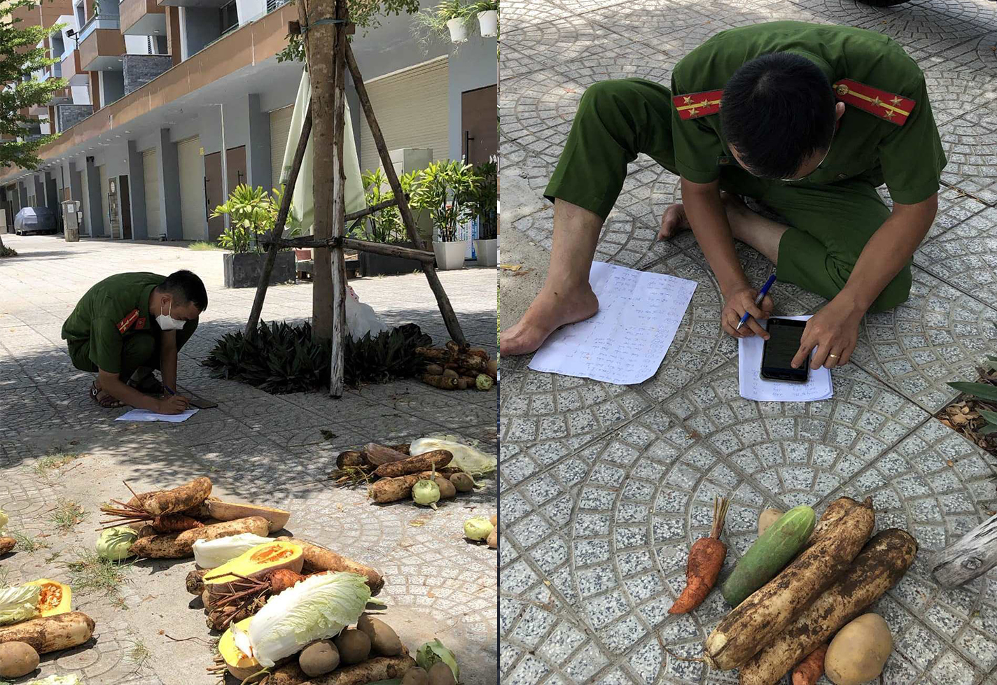 Hình ảnh Thượng uý Nguyễn Thanh Lam ngồi phân chia rau cũ hỗ trợ người dân.